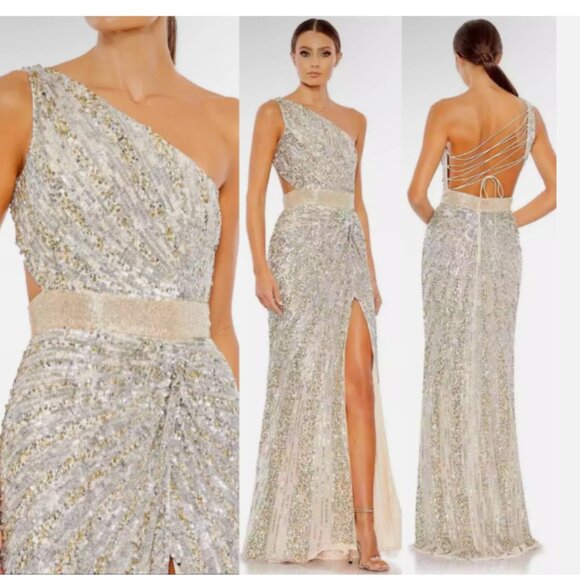 MAC DUGGAL ONE SHOULDER SEQUIN BEADED LACE-UP BACK NUDE SILVER GOWN sz 6 - Picture 1 of 8
